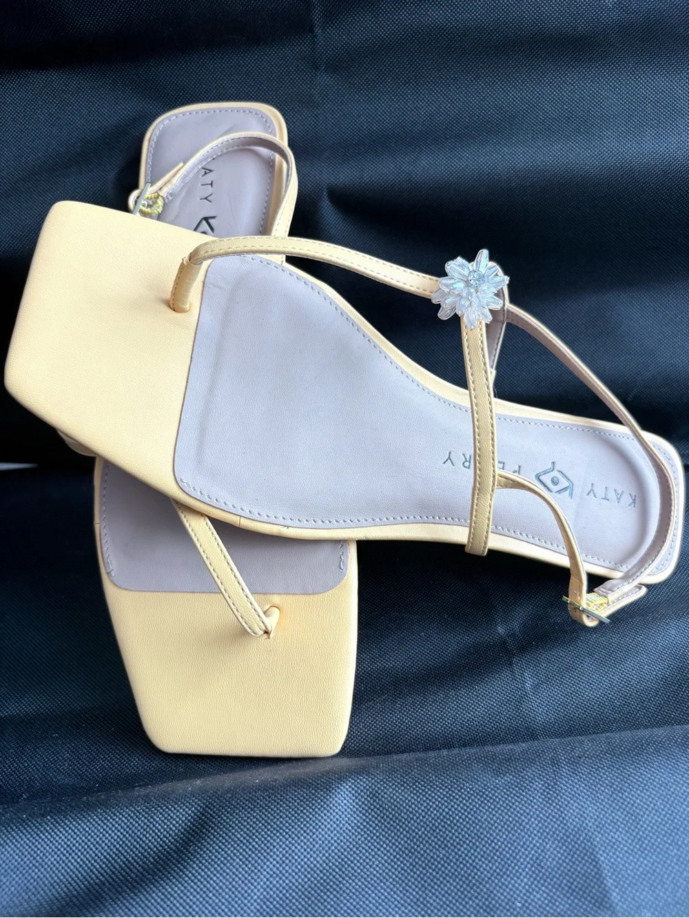 Katy Perry Collections Pale Yellow T-Strap Sandals with Crystal Flower